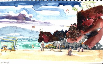 Maui, Beach scene with rocks, bathers, paragliders. REVERSE of JB678.