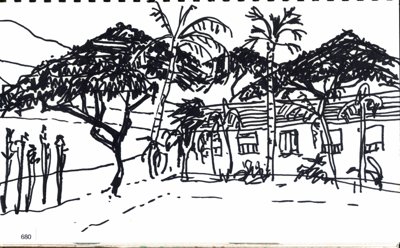 Maui, Ink sketch of buildings with palm trees and arched windows.