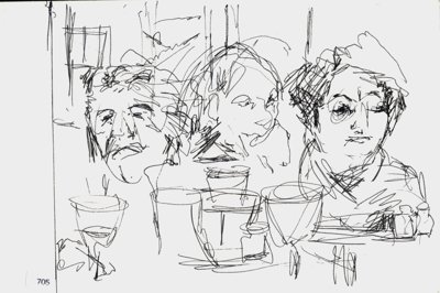 Ink sketch of three people seated at a table with cups and dishes.