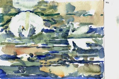 Abstract coastal water scene with blue-green water and low shoreline forms.