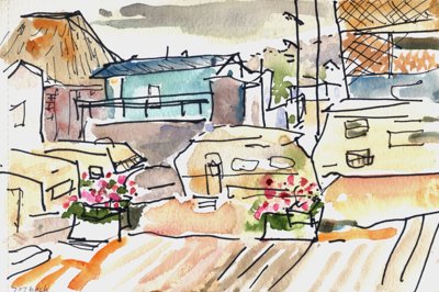 Loose ink and watercolor sketch of clustered buildings, rooftops, and flower boxes.
