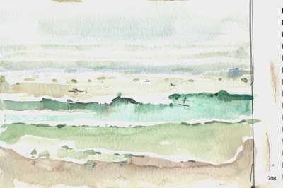 Pale green-blue ocean or shoreline study with horizontal bands of surf and water.
