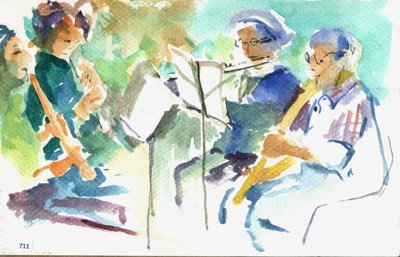 Musicians seated around music stands, playing wind instruments.