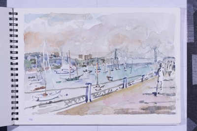 Watercolor harbor scene with sailboats and waterfront walkway