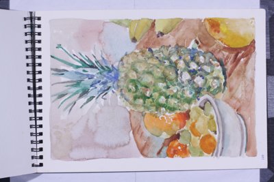 Still life with pineapple, fruit, and pitcher or ceramic vessel.
