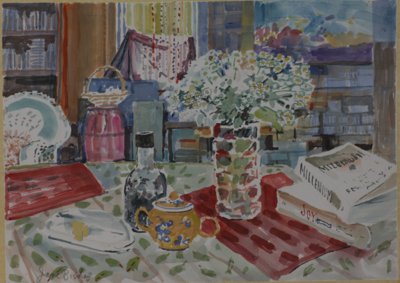 Still life books, vase of flowers