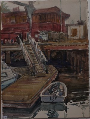 Small boat at dock. Old, 1950s? SF?