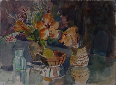 Still life baskets, vase, jar