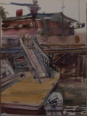 Small boat at dock. Old, 1950s? SF?