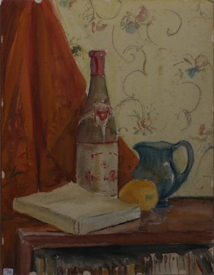 Still life book wine bottle, orange, glass pitcher. REVERSE: 120.