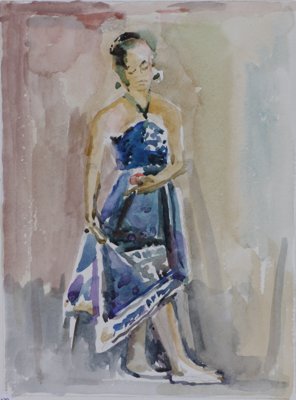 Woman standing or walking, holding hem of skirt