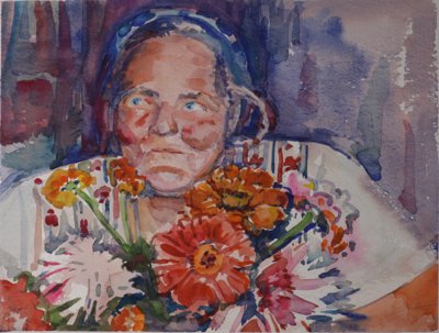 Red faced woman with flowers