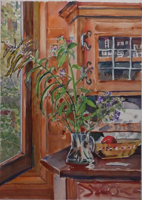 Still life: vase, flowers, bowl with apples, window