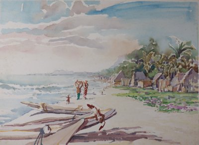 Beach, huts, boats, women with baskets on heads