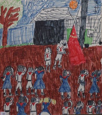 Marker on paper: School kids saluting flag. “Allison” on back.