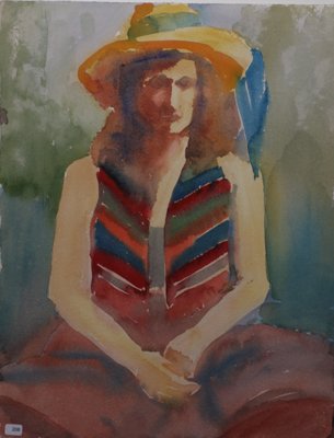 Woman seated, with hat and striped vest