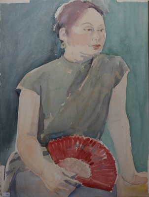 woman with red fan