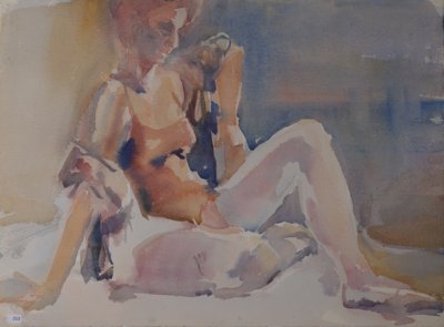 Woman with boa? On beanbag?
