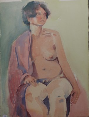 Nude woman, red cloth draped over right shoulder