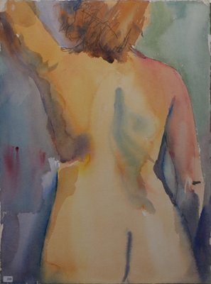 Nude woman, red cloth draped over right shoulder