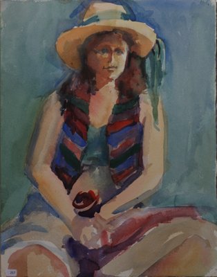 Woman seated, with hat and striped vest. REVERSE: Woman (Nikki?) in vest