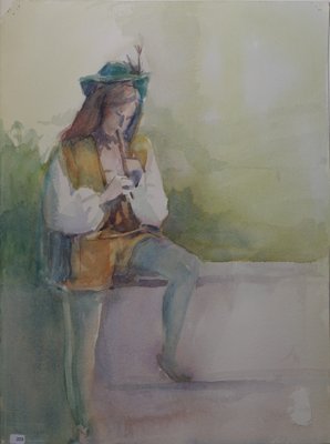 Costumed figure with wooden flute. REVERSE: Woman seated on park bench.