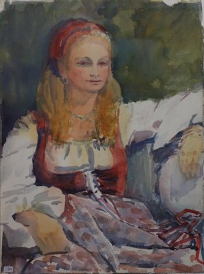 Woman in old fashioned red and white costume. REVERSE: 228 Boy (Tom?) on merry-go-round.