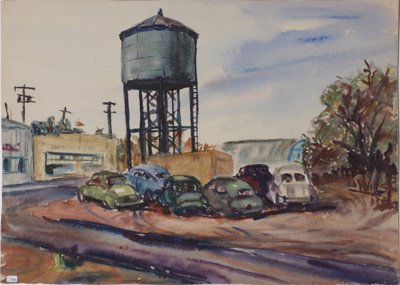 Water tower, old cars, Older painting, unknown date