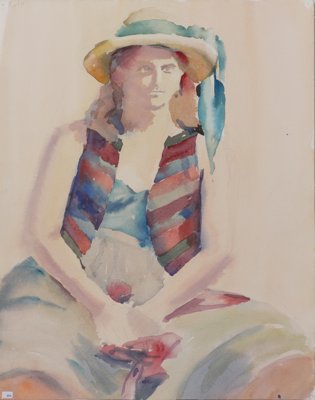 Woman seated, with hat and striped vest
