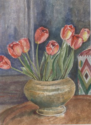 Tulips in brass urn